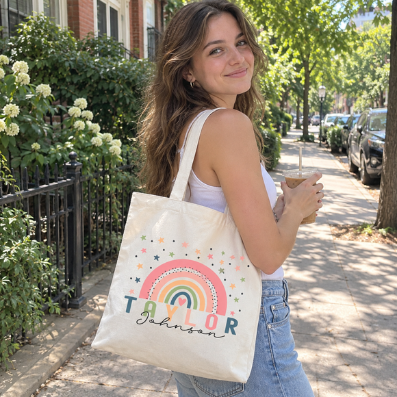 Personalized Boho Rainbow Name Tote Bag, photo 2