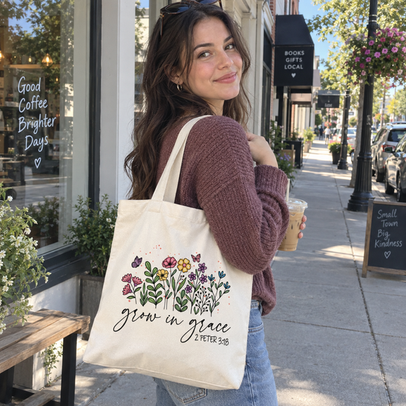 Grow in Grace Bible Verse Tote Bag, view 3