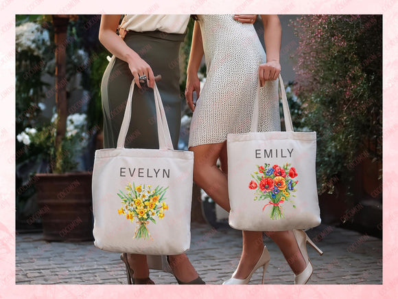 Birth Flower Name Tote Bag — Personalized Gift (088)