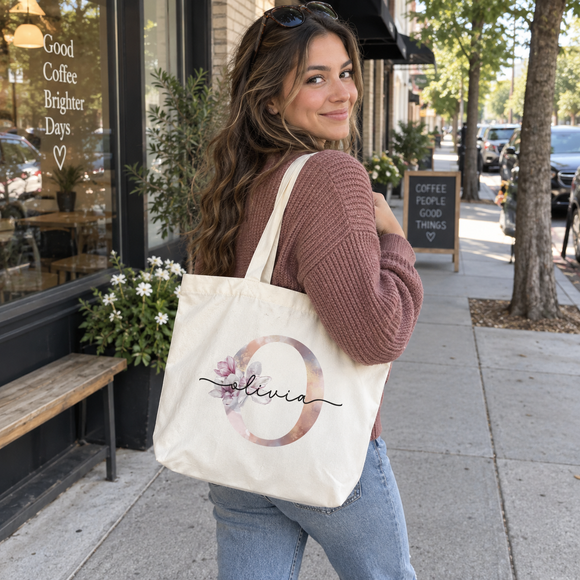 Personalized Pink Floral Monogram Tote Bag, photo 3