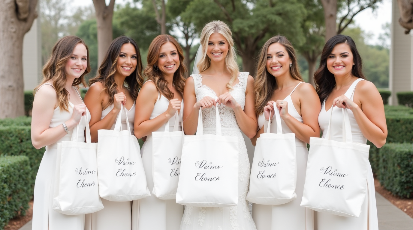 Bridal shower showing 5 beautiful white girls all each holding a custom white tote bag 1dy5a9k9745njno7sjfa 2