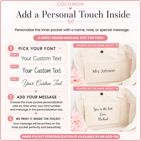 COCOMON tote inner pocket personalization with three font options
