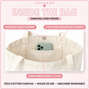 Inside the COCOMON canvas tote bag showing magnetic snap closure, inner pocket, and reinforced handles