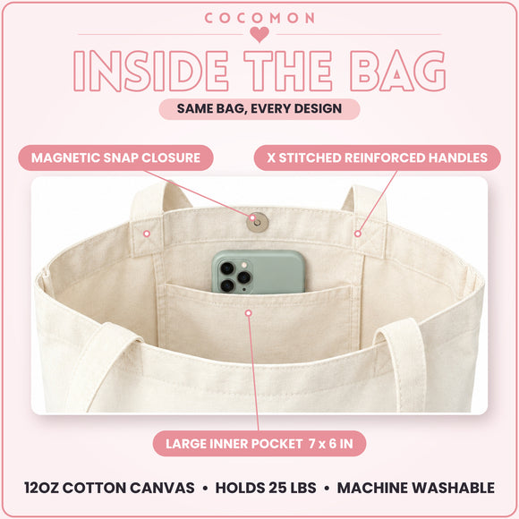 Inside the COCOMON canvas tote bag showing magnetic snap closure, inner pocket, and reinforced handles