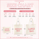 COCOMON tote bag size chart showing medium bag, large bag, and zipper pouch dimensions