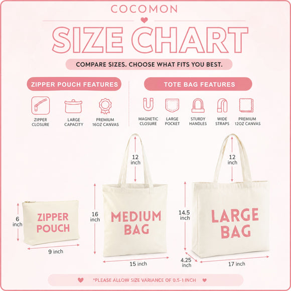 COCOMON tote bag size chart showing medium bag, large bag, and zipper pouch dimensions