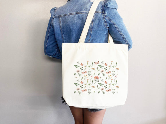 Floral Tote Bag flower tote canvas wildflower bag eco friendly bag aesthetic tote bag reusable bag gift for plant lover tote flower bag cute