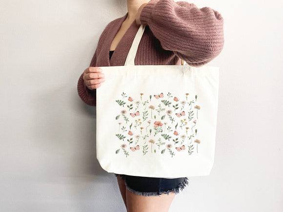 Floral Tote Bag flower tote canvas wildflower bag eco friendly bag aesthetic tote bag reusable bag gift for plant lover tote flower bag cute