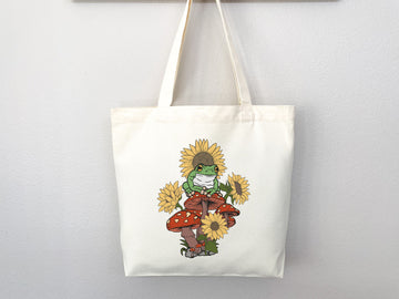 Mushroom Tote bag, Frog Lover, cottagecore bag,canvas tote bag,aesthetic tote,mushroom gift,cute tote bag,nature lover gift, frog lover gift