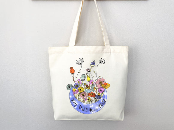 Celestial Canvas Tote Bag Floral Bag Moon Lover Gift Flower Tote Bag Everyday Tote Eco Friendly Bag Aesthetic Tote Shopper Bag Reusable Bag