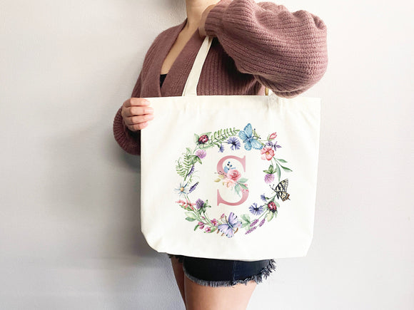 Personalized Flower Tote Bag Bachelorette Gift Bridal Shower Bridal Party Bag Wedding Tote Bag Personalized Canvas Bag Floral Gift for Mom