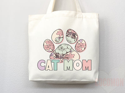 Floral Cat Mom Tote Bag, Paw print filled with pastel florals