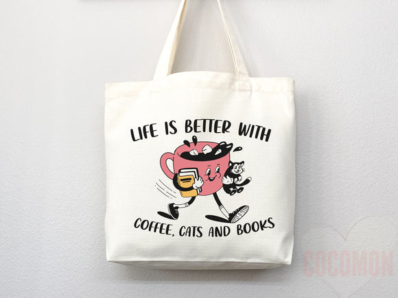 Cat Mom Tote Coffee Lover Tote Bag Book Lover Gift For Cat Mom Animal Lover Tote Shopper Cat Lover Bag New Cat Mom Gift for Her Women's Tote