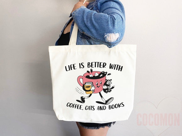 Cat Mom Tote Coffee Lover Tote Bag Book Lover Gift For Cat Mom Animal Lover Tote Shopper Cat Lover Bag New Cat Mom Gift for Her Women's Tote