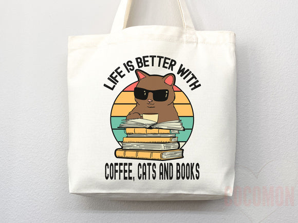 Cat Mom Tote Coffee Lover Tote Bag Book Lover Gift For Cat Mom Animal Lover Tote Shopper Cat Lover Bag New Cat Mom Gift for Her Women's Tote