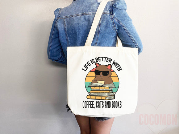 Cat Mom Tote Coffee Lover Tote Bag Book Lover Gift For Cat Mom Animal Lover Tote Shopper Cat Lover Bag New Cat Mom Gift for Her Women's Tote