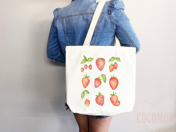 Strawberry Tote Bag Strawberry Lover Gift Spring Tote Shopper Summer Bag Eco Friendly Bag Reusable Grocery Tote Cute Tote Farmers Market Bag
