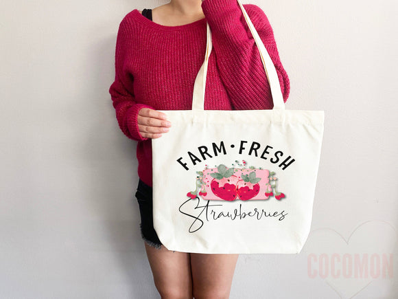Strawberry Tote Bag Strawberry Lover Gift Spring Tote Shopper Summer Bag Eco Friendly Bag Reusable Grocery Tote Cute Tote Farmers Market Bag