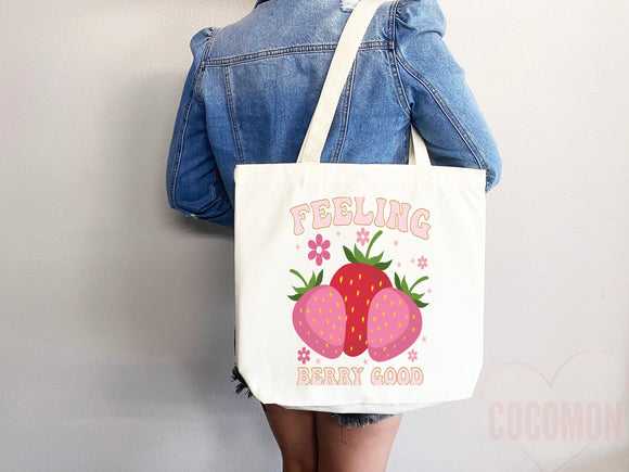Strawberry Tote Bag Strawberry Lover Gift Spring Tote Shopper Summer Bag Eco Friendly Bag Reusable Grocery Tote Cute Tote Farmers Market Bag