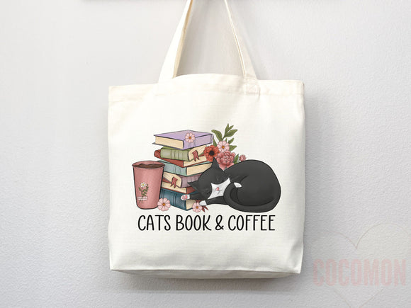 Cat Mom Tote Coffee Lover Tote Bag Book Lover Gift For Cat Mom Animal Lover Tote Shopper Cat Lover Bag New Cat Mom Gift for Her Women's Tote