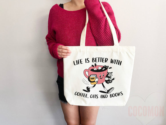 Cat Mom Tote Coffee Lover Tote Bag Book Lover Gift For Cat Mom Animal Lover Tote Shopper Cat Lover Bag New Cat Mom Gift for Her Women's Tote