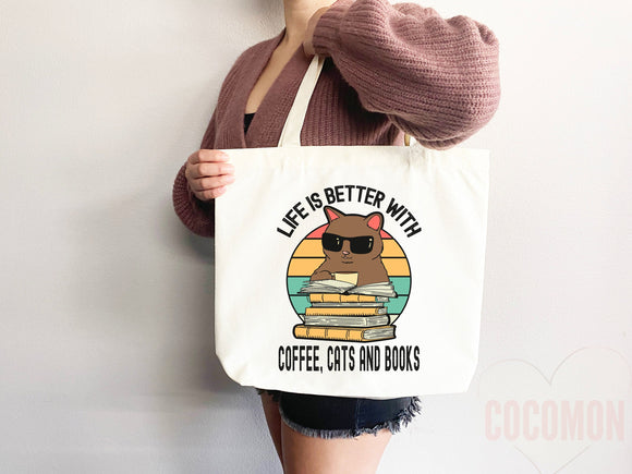 Cat Mom Tote Coffee Lover Tote Bag Book Lover Gift For Cat Mom Animal Lover Tote Shopper Cat Lover Bag New Cat Mom Gift for Her Women's Tote