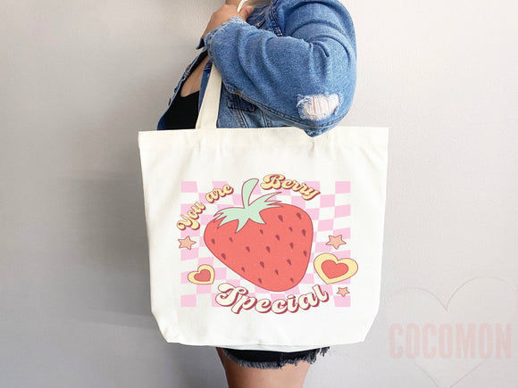 Strawberry Tote Bag Strawberry Lover Gift Spring Tote Shopper Summer Bag Eco Friendly Bag Reusable Grocery Tote Cute Tote Farmers Market Bag