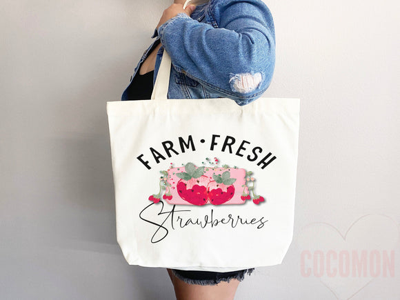 Strawberry Tote Bag Strawberry Lover Gift Spring Tote Shopper Summer Bag Eco Friendly Bag Reusable Grocery Tote Cute Tote Farmers Market Bag