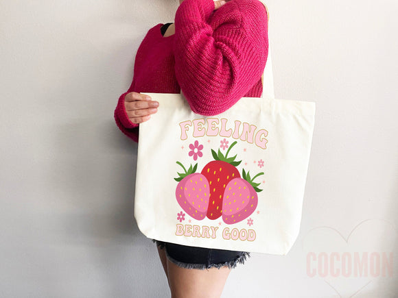 Strawberry Tote Bag Strawberry Lover Gift Spring Tote Shopper Summer Bag Eco Friendly Bag Reusable Grocery Tote Cute Tote Farmers Market Bag