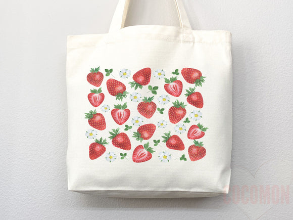 Strawberry Tote Bag Strawberry Lover Gift Spring Tote Shopper Summer Bag Eco Friendly Bag Reusable Grocery Tote Cute Tote Farmers Market Bag