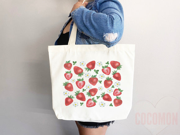 Strawberry Tote Bag Strawberry Lover Gift Spring Tote Shopper Summer Bag Eco Friendly Bag Reusable Grocery Tote Cute Tote Farmers Market Bag