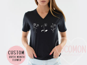 Birth Flower Custom V-Neck T-Shirt Personalized Gift VNeck TShirt Custom Gift for Her Women's Tee Shirt for Women Custom V-Neck Shirt Custom