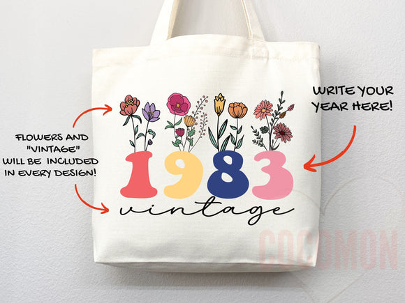 Customized Birth Year Tote Bag Floral Bag Personalized Birthday Gift Bag Custom Name Tote Bag Gift Tote Shopper Women Bag 40th Birthday