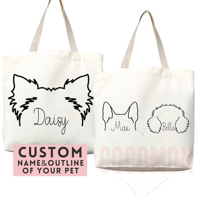 Personalized Dog Mom Tote Bag, Line art outline of your dog's ears peeking over the name; multiple pets possible