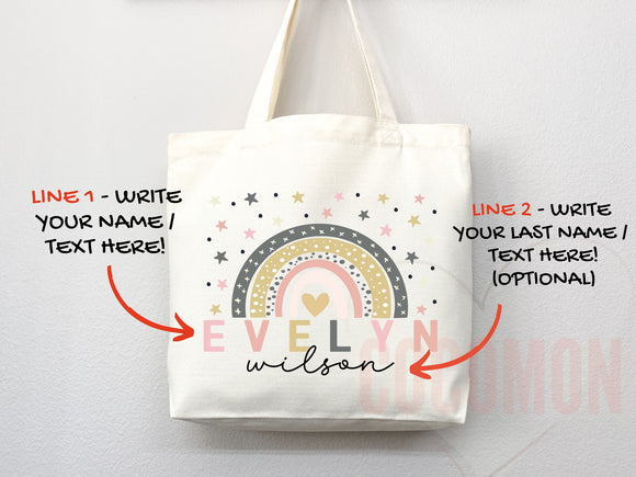 Personalized Name Tote Bag Rainbow School Tote Gift Custom Name Tote Bag Library Teacher Bag Customized Name Gift For Her Kids School Bag