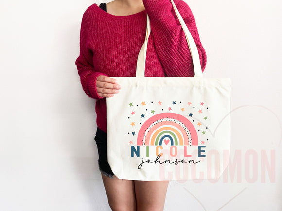 Personalized Name Tote Bag Rainbow School Tote Gift Custom Name Tote Bag Library Teacher Bag Customized Name Gift For Her Kids School Bag