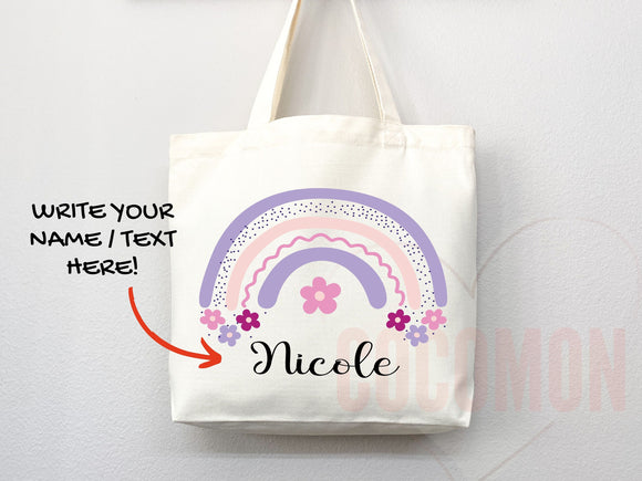 Personalized Name Tote Bag Rainbow School Tote Gift Custom Name Tote Bag Library Teacher Bag Customized Name Gift For Her Kids School Bag