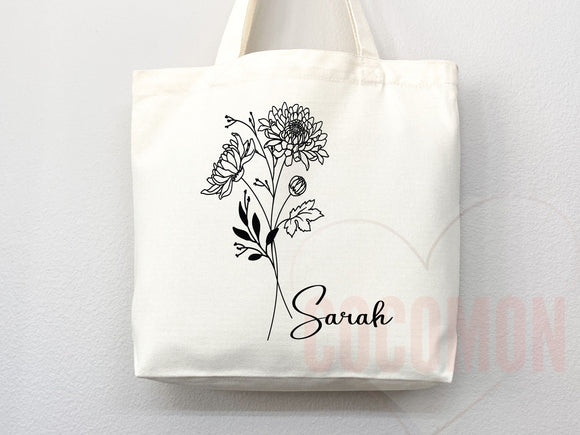 Personalized Birth Month Flower Custom Name Tote Bag Gift Custom Floral Bag Tote Shopper Aesthetic Bag Flower Gift for Her Bridal Bridesmaid