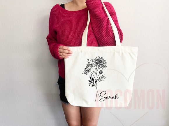 Personalized Custom Name Tote Bag Maid of Honor Bridesmaid Proposal Gift Bridal Shower Gift Custom Flower Gift for Her Wedding Bridesmaid