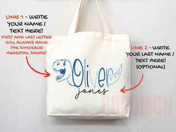 Personalized Name Tote Bag Dinosaur Gift Custom Name Tote Bag Custom Tote Shopper Customized Name Back to school Kid Bag School Bag For Kids