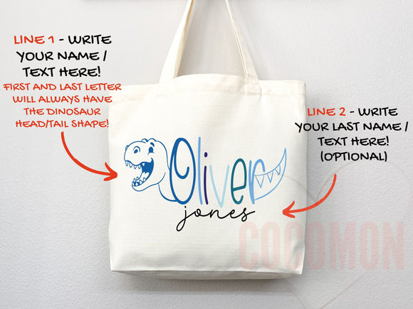 Personalized Name Tote Bag Dinosaur Gift Custom Name Tote Bag Custom Tote Shopper Customized Name Back to school Kid Bag School Bag For Kids