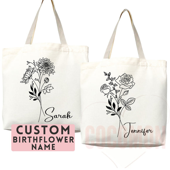 Personalized Custom Name Tote Bag Maid of Honor Bridesmaid Proposal Gift Bridal Shower Gift Custom Flower Gift for Her Wedding Bridesmaid