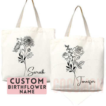 Personalized Birth Month Flower Custom Name Tote Bag Gift Custom Floral Bag Tote Shopper Aesthetic Bag Flower Gift for Her Bridal Bridesmaid