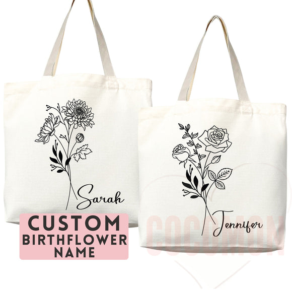 Personalized Birth Month Flower Custom Name Tote Bag Gift Custom Floral Bag Tote Shopper Aesthetic Bag Flower Gift for Her Bridal Bridesmaid