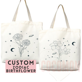 Birth Flower Name Tote Bag — Personalized Zodiac Gift (M)