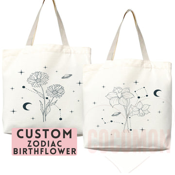 Custom Birth Flower Tote Bag Zodiac Gift Custom Zodiac Flower Bag Custom Tote Shopper Aesthetic Bag Flower Gift for Her Custom Gift for Mom