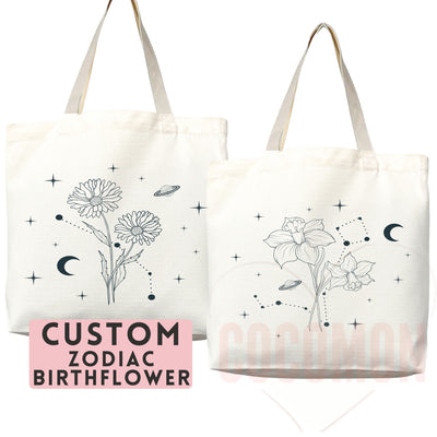 Custom Birth Flower Tote Bag Zodiac Gift Custom Zodiac Flower Bag Custom Tote Shopper Aesthetic Bag Flower Gift for Her Custom Gift for Mom