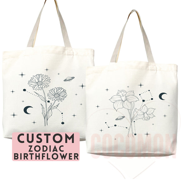 Custom Birth Flower Tote Bag Zodiac Gift Custom Zodiac Flower Bag Custom Tote Shopper Aesthetic Bag Flower Gift for Her Custom Gift for Mom