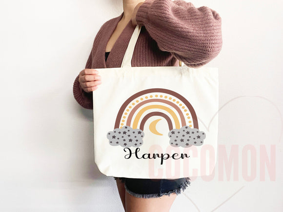 Personalized Name Tote Bag Rainbow School Tote Gift Custom Name Tote Bag Library Teacher Bag Customized Name Gift For Her Kids School Bag