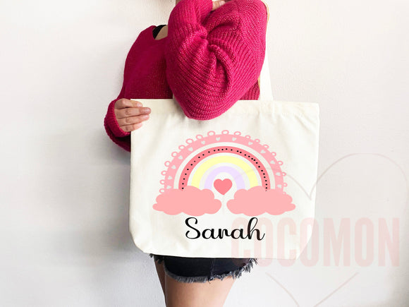 Personalized Name Tote Bag Rainbow School Tote Gift Custom Name Tote Bag Library Teacher Bag Customized Name Gift For Her Kids School Bag